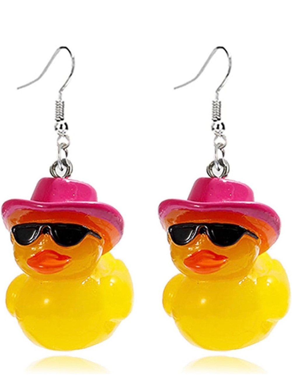 Woman Yellow Rubber Duck Earrings with Pink Hat